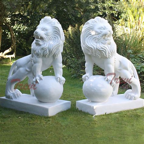 Pair Of Outdoor White Marble Lion Statue With Paw On Ball For Sale Tma