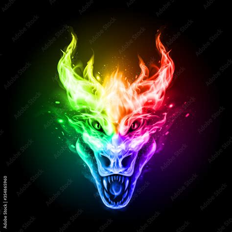 Fire Dragon Head In Rainbow Color Flame On The Dark Background Modern