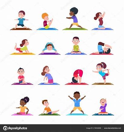 Yoga Cartoon Poses Children Fitness Pose Asana