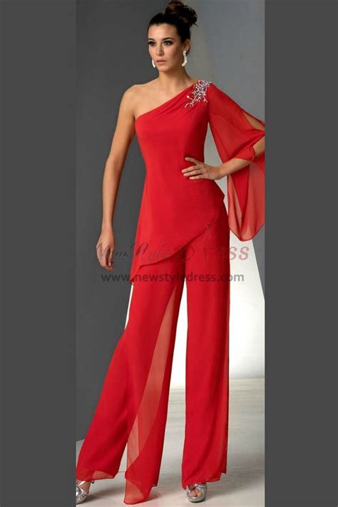 One Shoulder Mother Of The Bride Pant Suits Dresses Red Chiffon Pants