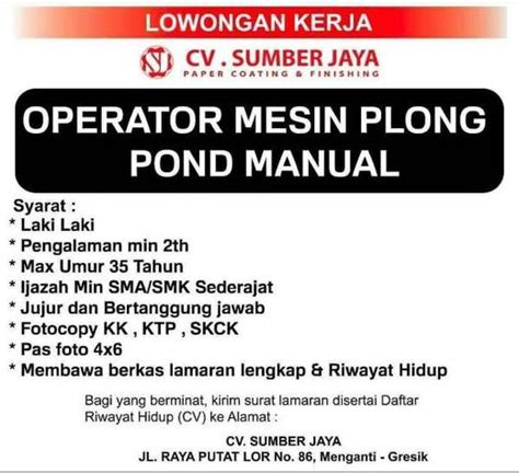 Dr soetomo no.49 gresik gresik ngipik 61119 agen jl.raya intan kav.26 driyorejo gresik driyorejo petiken 61177 agen jl. Lowongan Operator Produksi Gresik - Gibran Waluyo di ...