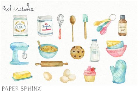 Watercolor Cooking Clipart | Kitchen Baking Clipart - Mixing Bowls, Ingredients, Utensils ...