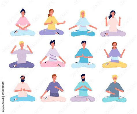 Meditation Characters Male And Female Person Yoga Poses Sitting In Pilates Class Vector Flat