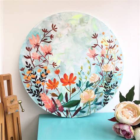 Round Floral Cotton Canvas Painting Warm Palette By Paint Me Happy Art