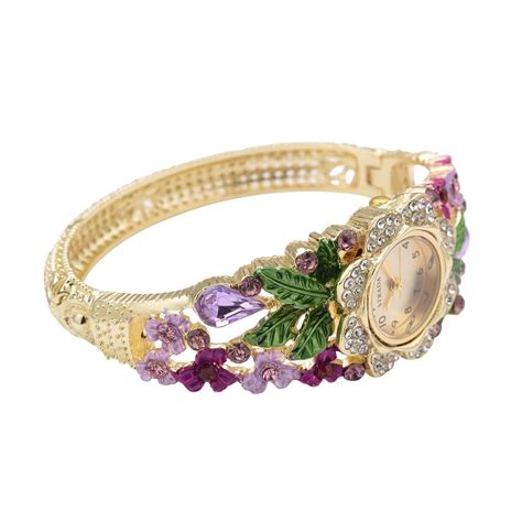 Buy Strada Japanese Movement Multi Color Crystal Purple Glass Floral And Leaves Pattern Bangle
