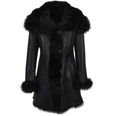 Shearling Hooded Toscana Tipped Coat Black Anna Sheepskin Jackets