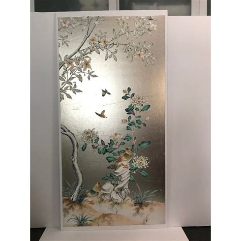 Handpainted Chinoiserie Wallpaper Panel Silver Metal Leaf
