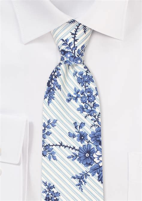 Striped Floral Necktie Flower Print Necktie With Stripes In Blue Bows N