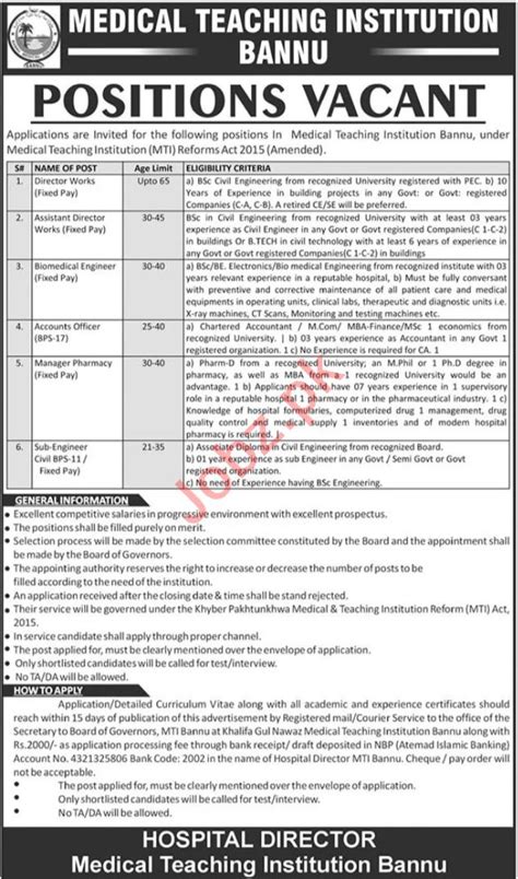 MTI Medical Teaching Institution Bannu 2023 Job Advertisement Pakistan