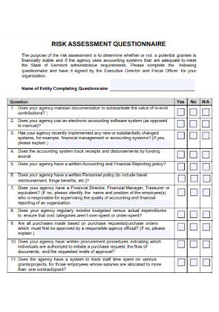 Sample Risk Assessment Questionnaires In Pdf Ms Word