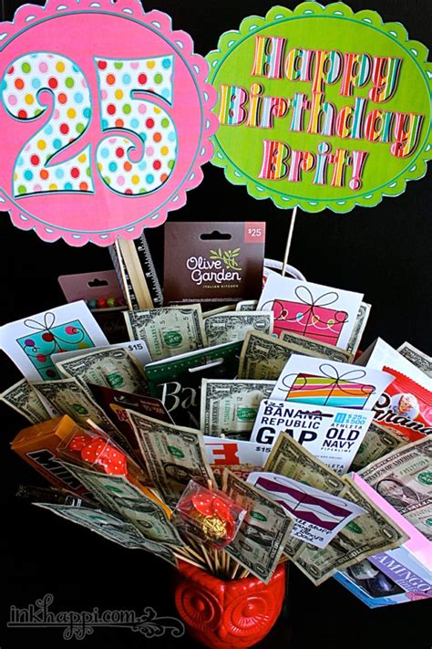 There are a brooch, key chain, watch scarf, ribbons and many more. Birthday Gift Basket Idea with Free Printables - inkhappi