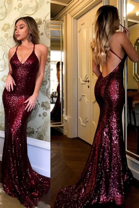 Burgundy Sequins Mermaid V Neck Sweep Train Party Dress Prom Gown Simibridaldresses