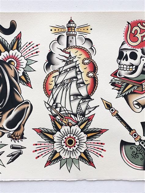 An Old School Style Tattoo Design With Skulls Flowers And Ships On It