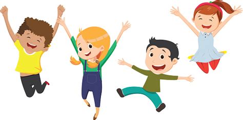 Happy Kids Jumping Together With Arms Up Stock Illustration Download