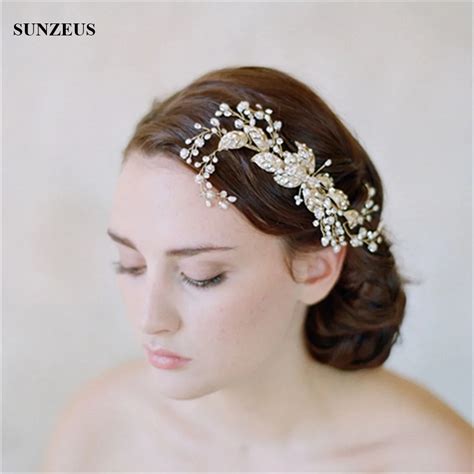 crystal beaded flower headband with comb for brides pearls gold headpiece wedding accessory