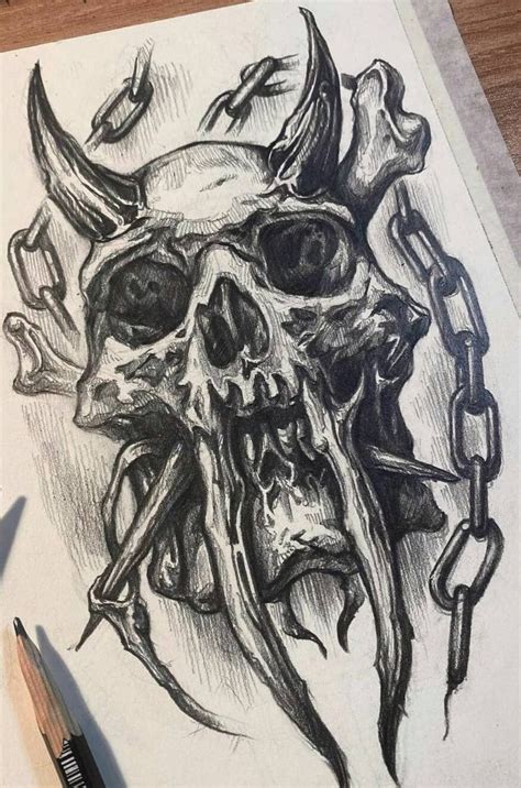 A Pencil Drawing Of A Skull With Horns