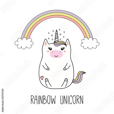 Hand Drawn Vector Illustration Of A Kawaii Funny Fat Unicorn With