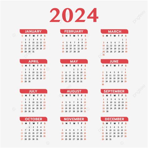 Calendario 2024 Calendario Rojo De Año Nuevo Vector Png Dibujos 2024