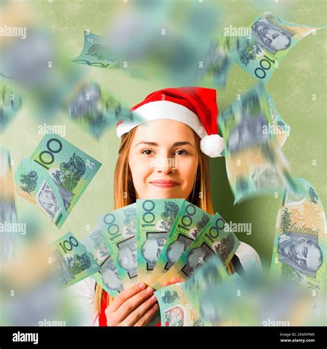 Creative green cash photo on a christmas woman celebrating a win with