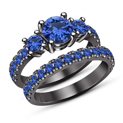 14k Black Gold Finish Blue Sapphire Bridal Set Three Stone Etsy