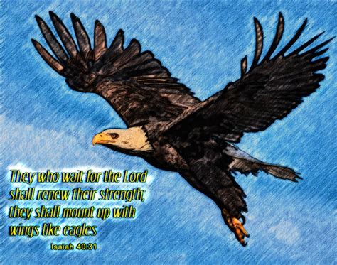 An Eagle Flying Through The Sky With A Bible Verse Below It That Reads