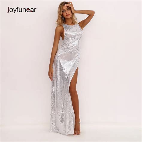 Joyfunear Sleeveless High Split Sexy Dresses Women Cluberwear Silver Party Dress Elegant Long