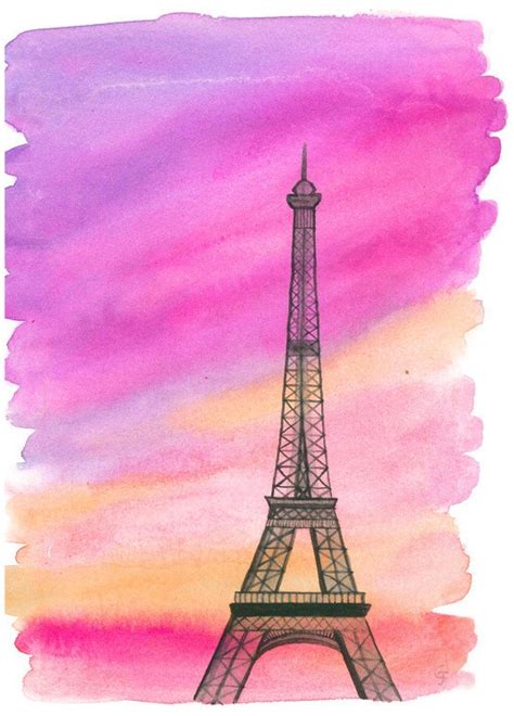 Original Watercolor Eiffel Tower At Sunset Paris
