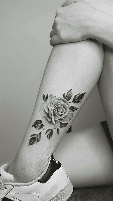 Vintage Rose Leg Tattoo Ideas For Women Traditional Black Flower Calf Tat