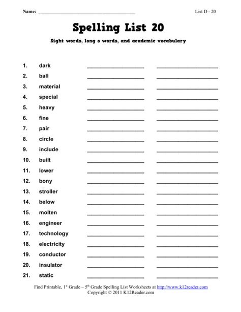 Spelling List 20 Sight Words Long O Words And