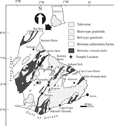 Geological Map Of Southern Ghana Showing Sample Locations In The