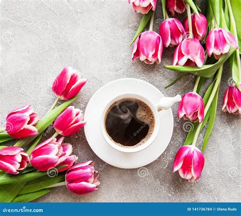 Cup Of Coffee And Tulips Stock Photo Image Of Cafe 141736784