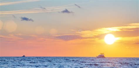 Summer Landscape Ocean Panorama And Golden Hour Sunset And Floating