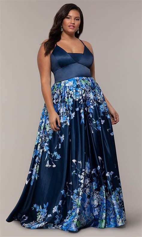 Deep V Neck Plus Size Formal Dress With Floral Skirt Navy Plus Size