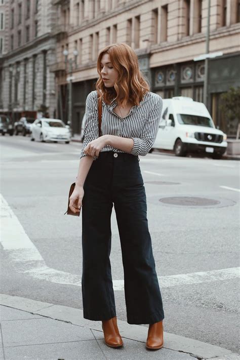 Striped Button Up Navy Wide Leg Pants Leather Boots Cross Body