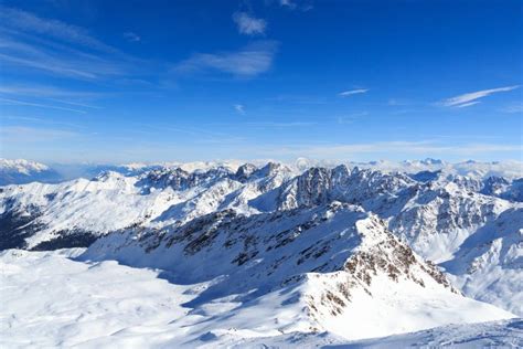 Mountain Panorama With Snow And Blue Sky In Winter In Stubai Alps Stock