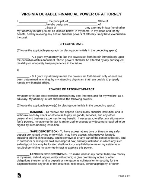 Free Virginia Durable Financial Power Of Attorney Form PDF Word