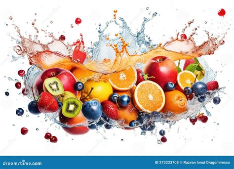 Fresh Fruits Oranges Kiwis Apples And Grapes In A Splash Of