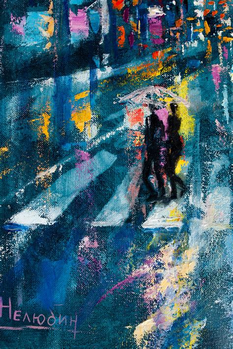 Street Of The Night City People With Umbrella Original Oil Painting
