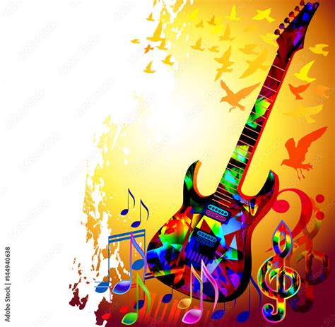 Colorful Music Background With Electric Guitar Music Notes And Birds