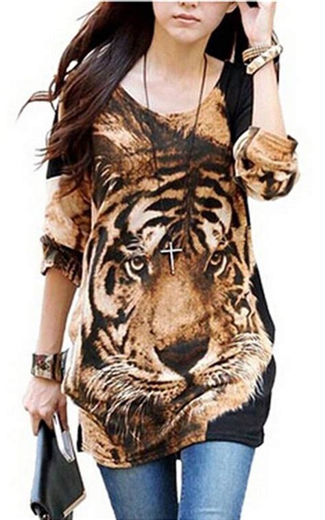 Relipop Women Fashion Shirt Long Sleeve Tiger Print Blouse Casual Tops