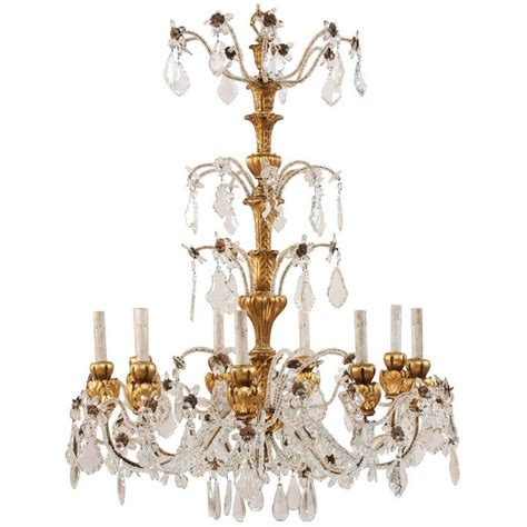 Exquisite Italian Vintage Gilded And Carved Wood Multi Tiered Crystal