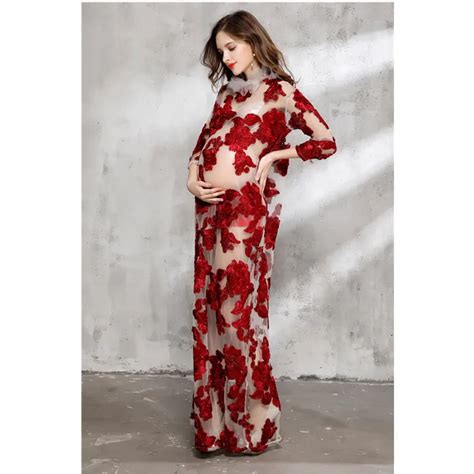 Maternity Gown Pregnancy Dress Photography Rose Flower Embroidery Lace Mesh Maxi Maternity Dress