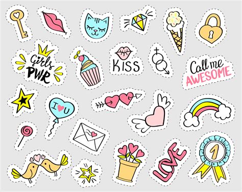 Fashion Girly Stickers Set Collection Of Hand Drawn Fancy Doodle Pins