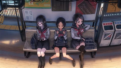 Anime Schoool Girls En Teléfonos Esperando El Autobús Anime Girl