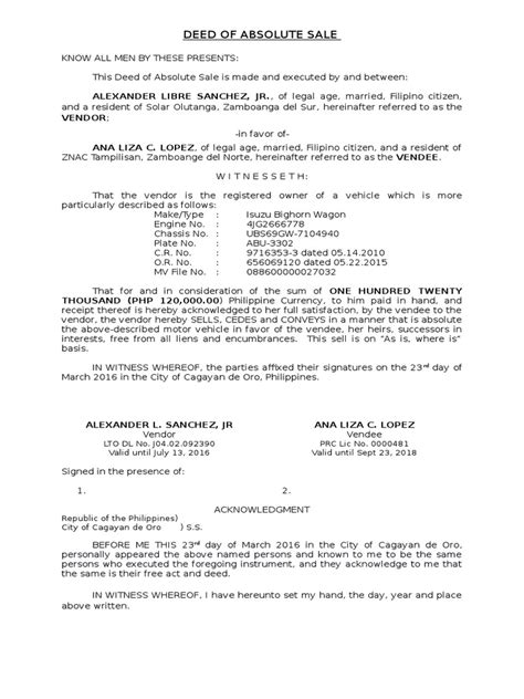 Deed Of Sale Of Motor Vehicle Word Format Philippines Templates Sample Printables