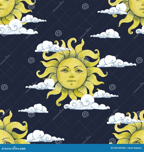 Watercolor Pattern With Watercolor Hand Draw Clouds And Sun Stock Photo