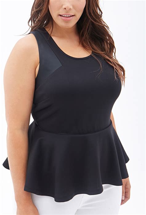 forever 21 plus size faux leather peplum top in black black black lyst