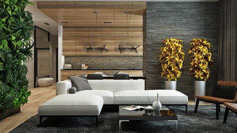It brightens the entire room and gives an earthly vibe to this contemporary living room. wood and stone living room | Interior Design Ideas.