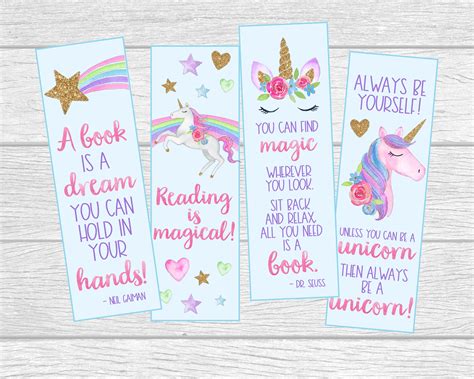 Printable Unicorn Bookmarks Instant Digital Download 4 Etsy