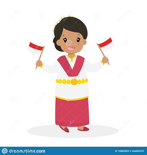 Indonesian Girl Wearing South Kalimantan Traditional Dress Cartoon